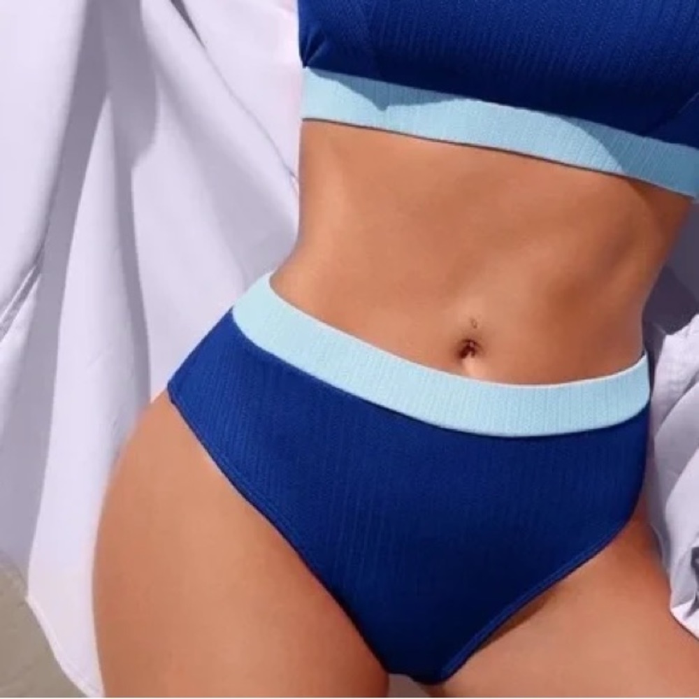 High waisted blue bikini bottoms